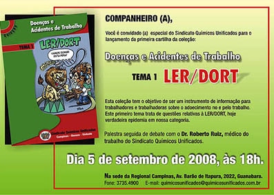 Convite para lançamento da cartilha sobre LER/DORT, no dia 05 de setembro, na Regional de Campinas do Sindicato Químicos Unificados