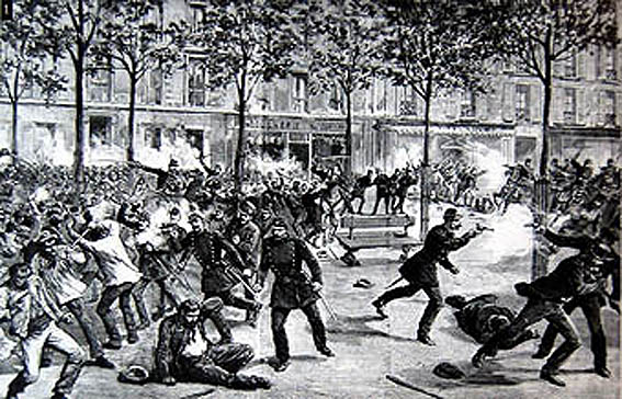 Tela representa repressão a trabalhadores, em Chicago, nos Estados Unidos, em 1º de maio de 1886