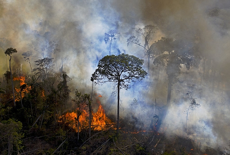 (FILES) In this file photo taken on August 15, 2020 smoke rises from an illegally lit fire in Amazon rainforest reserve, south of Novo Progresso, Para state, Brazil. - Brazil will not be able to accomplish the goal of reducing deforestation in the Amazon in a 10% in the period between August, 2020 and July, 2021, admitted on August 2, 2021 Brazilian Vice-President Hamilton Mourao, chief of the National Council of Legal Amazon (CNML). (Photo by CARL DE SOUZA / AFP)